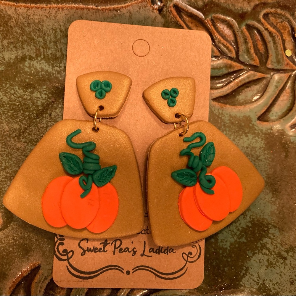 Gold Earrings with Fall Pumpkin. Lightweight polymer clay.